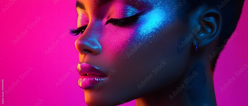 Stunning portrait of a woman with vibrant lighting highlighting her features and captivating beauty. Stunning portrait of a woman with vibrant lighting highlighting her features and captivating beauty.