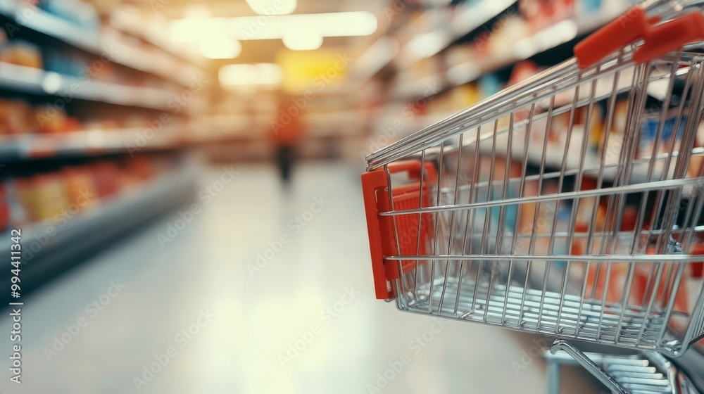 Empty shopping cart on aisle, ready for groceries at a bright supermarket in the afternoon Empty shopping cart on aisle, ready for groceries at a bright supermarket in the afternoon