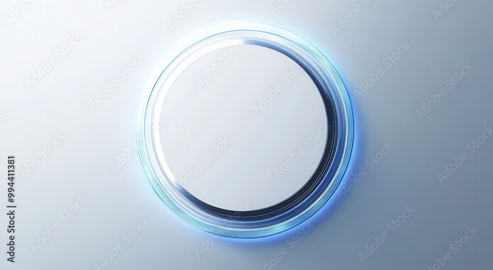Minimalist floating card with blue glowing edges on a round platform in a soft blue background Minimalist floating card with blue glowing edges on a round platform in a soft blue background