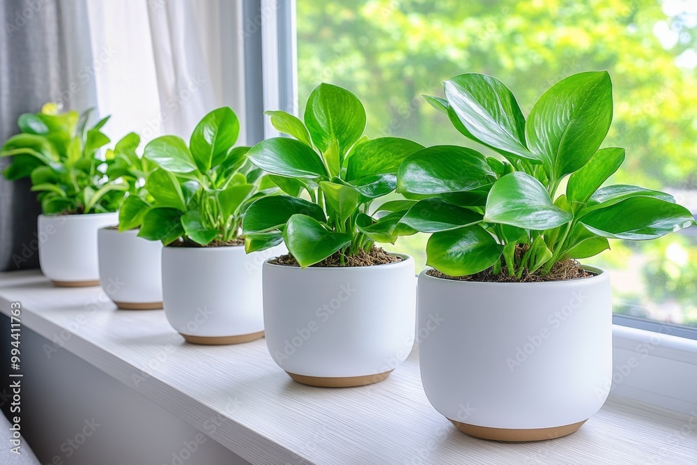 A row of potted houseplants sitting on a windowsill, thriving in the natural sunlight of a cozy living room A row of potted houseplants sitting on a windowsill, thriving in the natural sunlight of a cozy living room