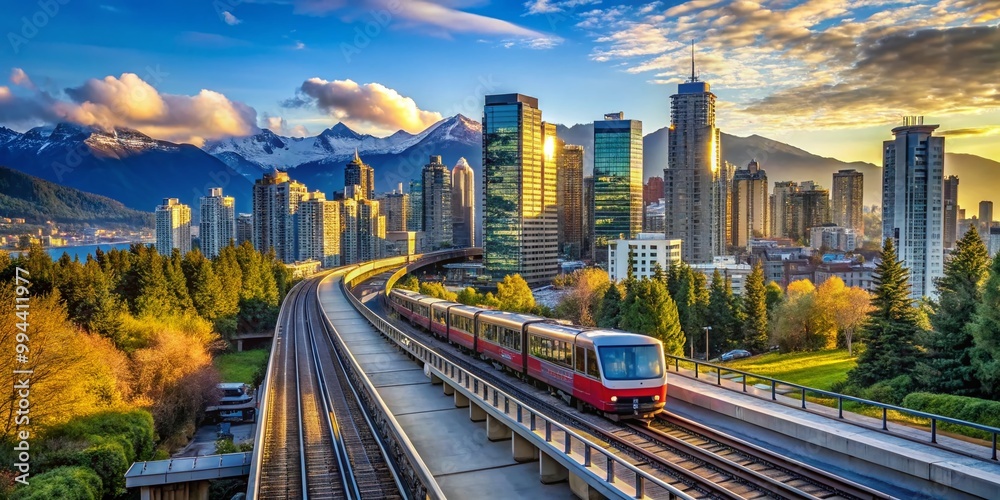 Obraz premium Scenic view of a skytrain traveling through the vibrant cityscape of Vancouver, British Columbia