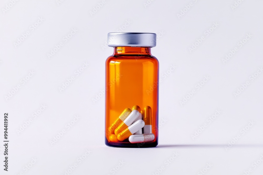 A simple prescription bottle on a white background, emphasizing the importance of medicine in a clean, minimal style A simple prescription bottle on a white background, emphasizing the importance of medicine in a clean, minimal style