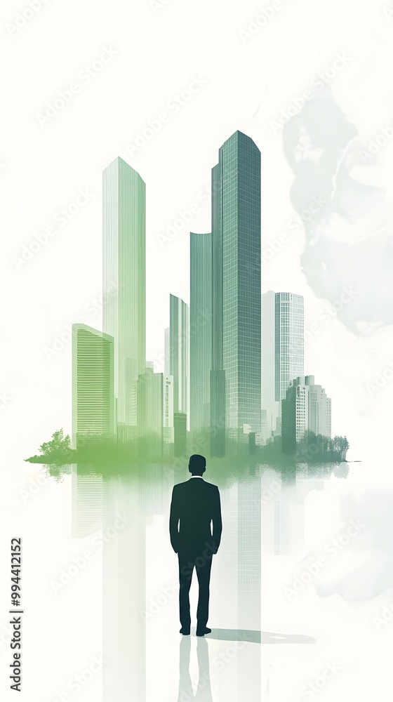 A person in business attire stands before an illustration of green buildings and cityscape, symbolizing the impact on urban life through sustainable building practices A person in business attire stands before an illustration of green buildings and cityscape, symbolizing the impact on urban life through sustainable building practices