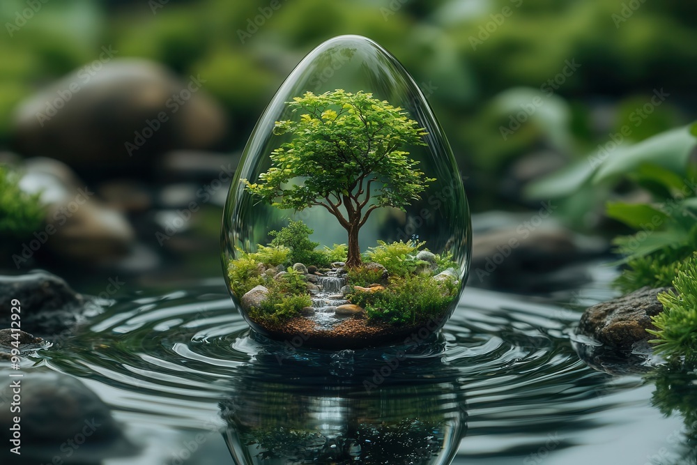 a crystalclear water drop showcasing a miniature nature scene inside surrounded by lush greenery symbolizing the beauty of ecology and the importance of conservation a crystalclear water drop showcasing a miniature nature scene inside surrounded by lush greenery symbolizing the beauty of ecology and the importance of conservation
