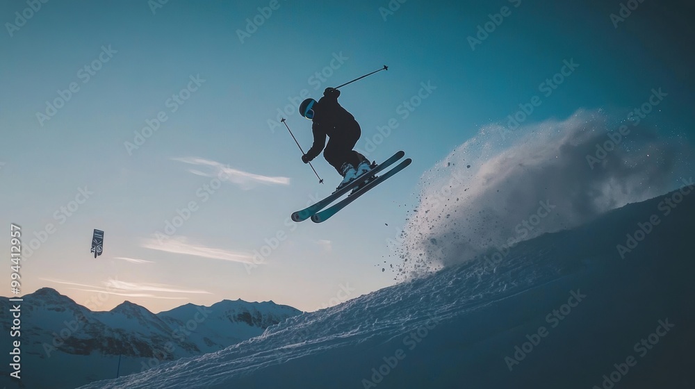 Daring Ski Jump in Snowy Mountain Landscape During Sunset