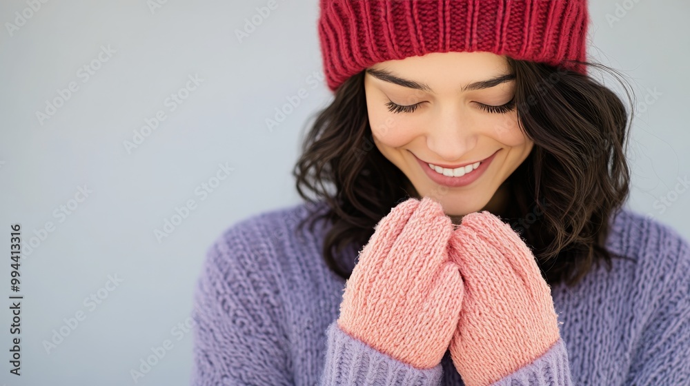 A young woman wearing a cozy sweater and hat smiles warmly while clasping her hands together A young woman wearing a cozy sweater and hat smiles warmly while clasping her hands together
