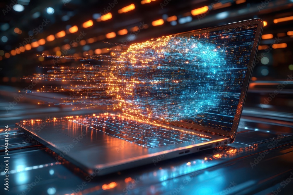 3d illustration of a laptop transforming into a filing cabinet with data streams flowing between represents cloud storage and digital file management