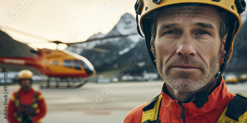 Rettungskräfte einer Bergwacht mit Hubschrauber im Hintergrund