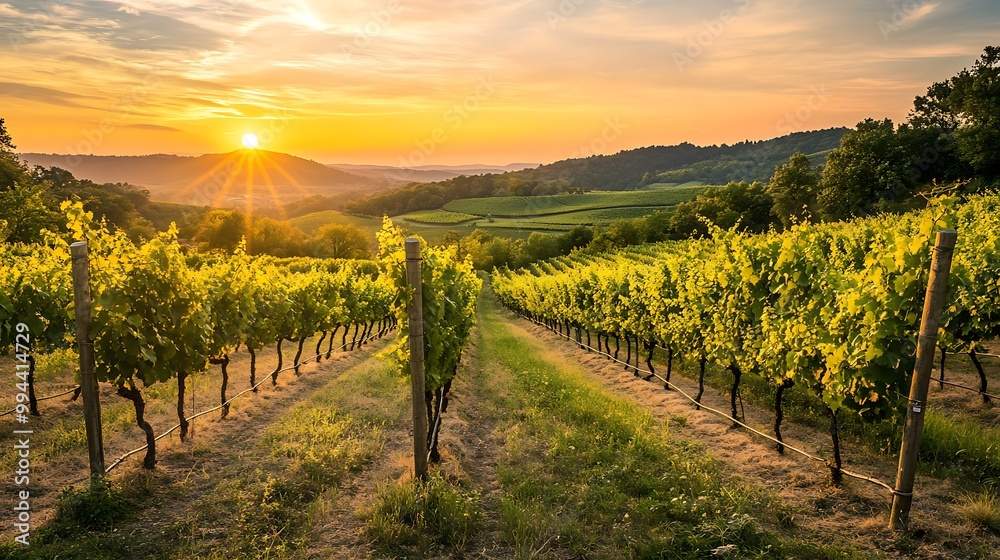 Naklejka premium Serene Vineyard Oasis: A Tranquil Escape Amidst Lush Green Vines and Rolling Hills