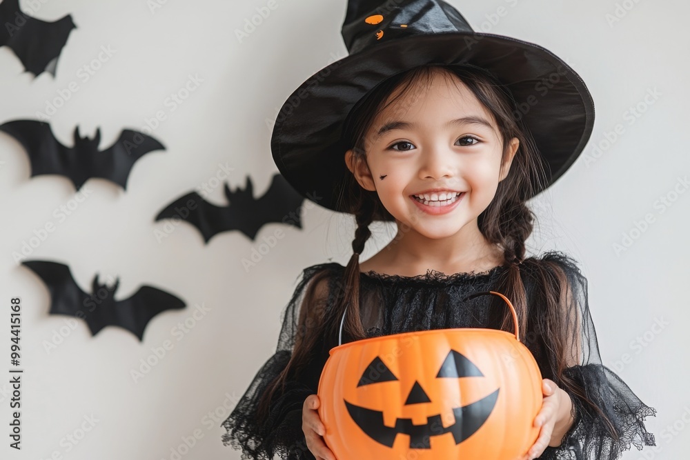 Fototapeta premium Happy asian little child girl in costumes and makeup having fun on Halloween celebration