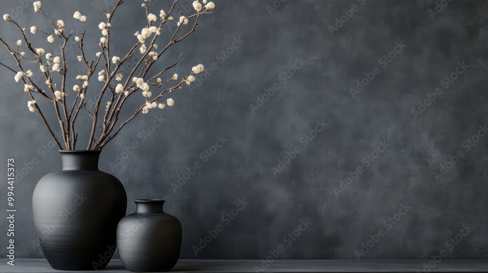 Elegant black vases with decorative branches against a dark textured wall in an indoor setting Elegant black vases with decorative branches against a dark textured wall in an indoor setting