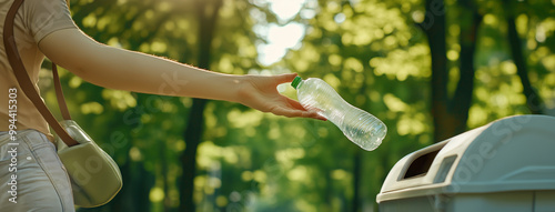 Person wirft Plastikflasche in eine öffentliche Mülltonne photo