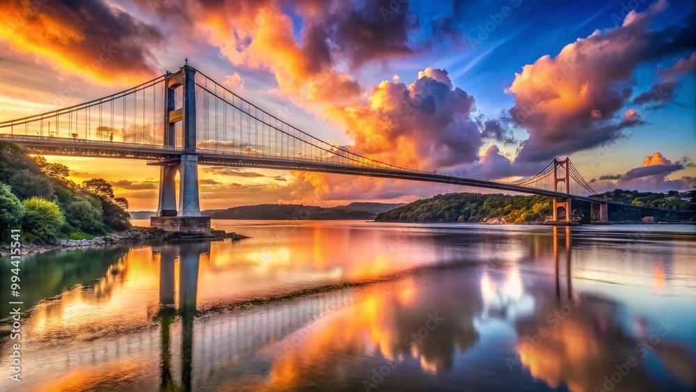 Scenic view of the iconic suspension bridge under a vibrant sky with clouds and water in the foreground Scenic view of the iconic suspension bridge under a vibrant sky with clouds and water in the foreground