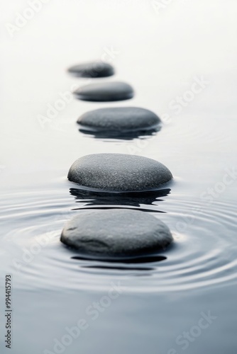 Smooth black stones create a calming path across tranquil water in a serene setting