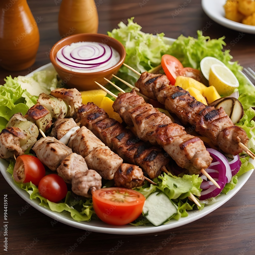 Delicious fresh Kebab assortment Served with some salad, grilled chicken skewers with a side of grilled vegetables, grilled kebab with couscous and vegetables Delicious fresh Kebab assortment Served with some salad, grilled chicken skewers with a side of grilled vegetables, grilled kebab with couscous and vegetables