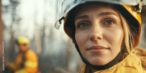 Feuerwehrfrau und ihr Team im Einsatz stehen vor einem Waldbrand