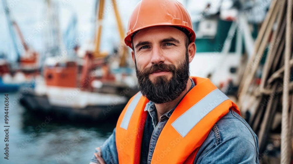 A man with a beard in a safety vest and hard hat poses confidently by the water. Fishing boats and harbor equipment are visible in the background on a clear day A man with a beard in a safety vest and hard hat poses confidently by the water. Fishing boats and harbor equipment are visible in the background on a clear day