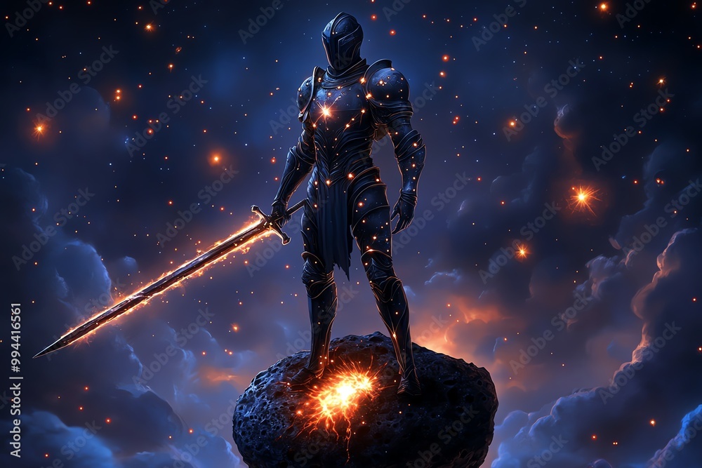 Fototapeta premium A cosmic knight standing on a floating asteroid, their armor adorned with glowing stars, and their sword forged from the heart of a dying sun