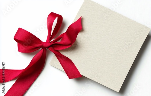 Elegant blank gift tag with a red satin ribbon bow ready for holiday presents