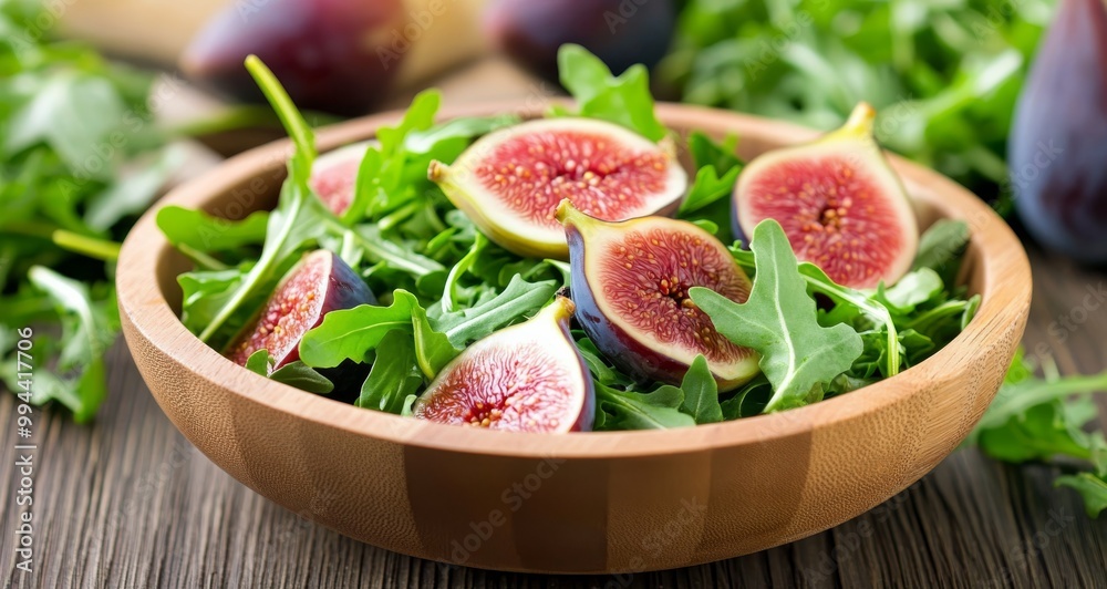 Fresh figs and arugula salad served in a wooden bowl on a rustic table Fresh figs and arugula salad served in a wooden bowl on a rustic table