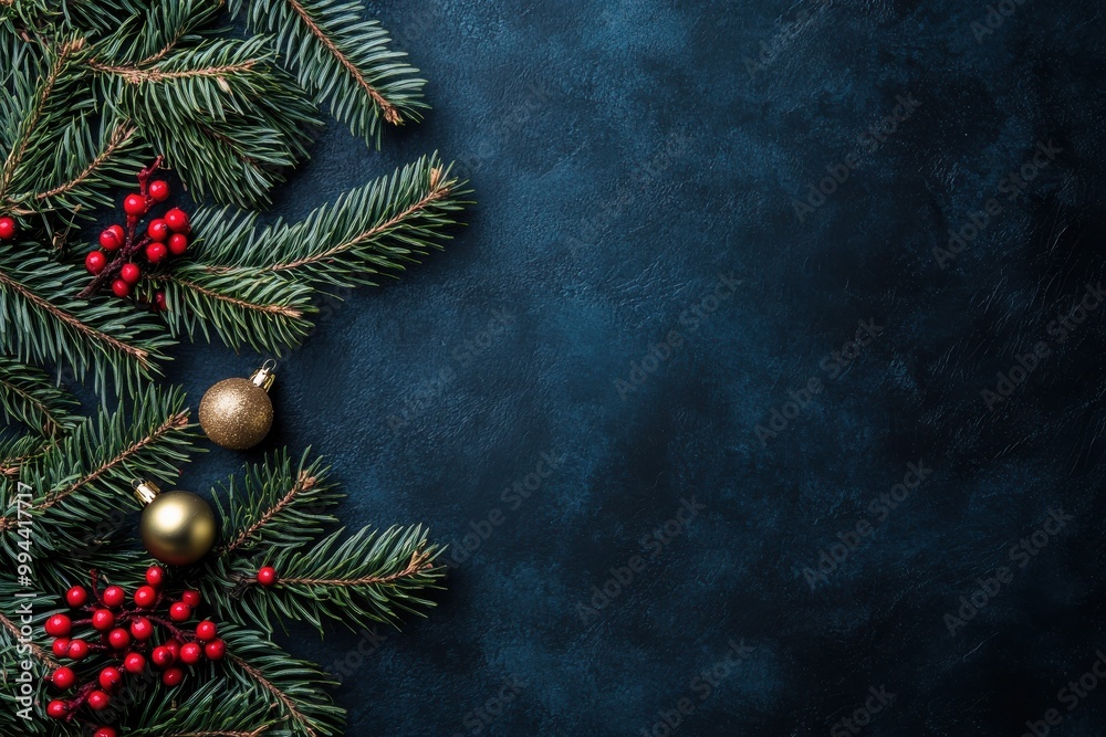 Christmas Pine Branches with Red Berries and Gold Ornaments on Dark Blue Background
Christmas Pine Branches with Red Berries and Gold Ornaments on Dark Blue Background