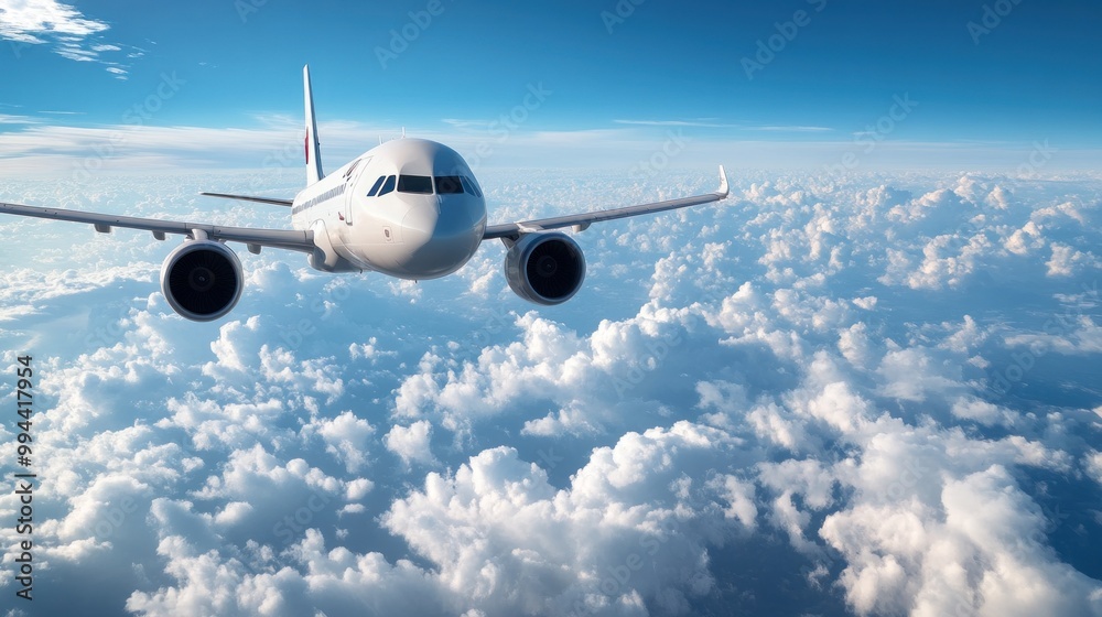 Obraz premium A commercial airplane soars through the sky, surrounded by pristine white clouds under a bright blue atmosphere, showcasing the beauty of air travel