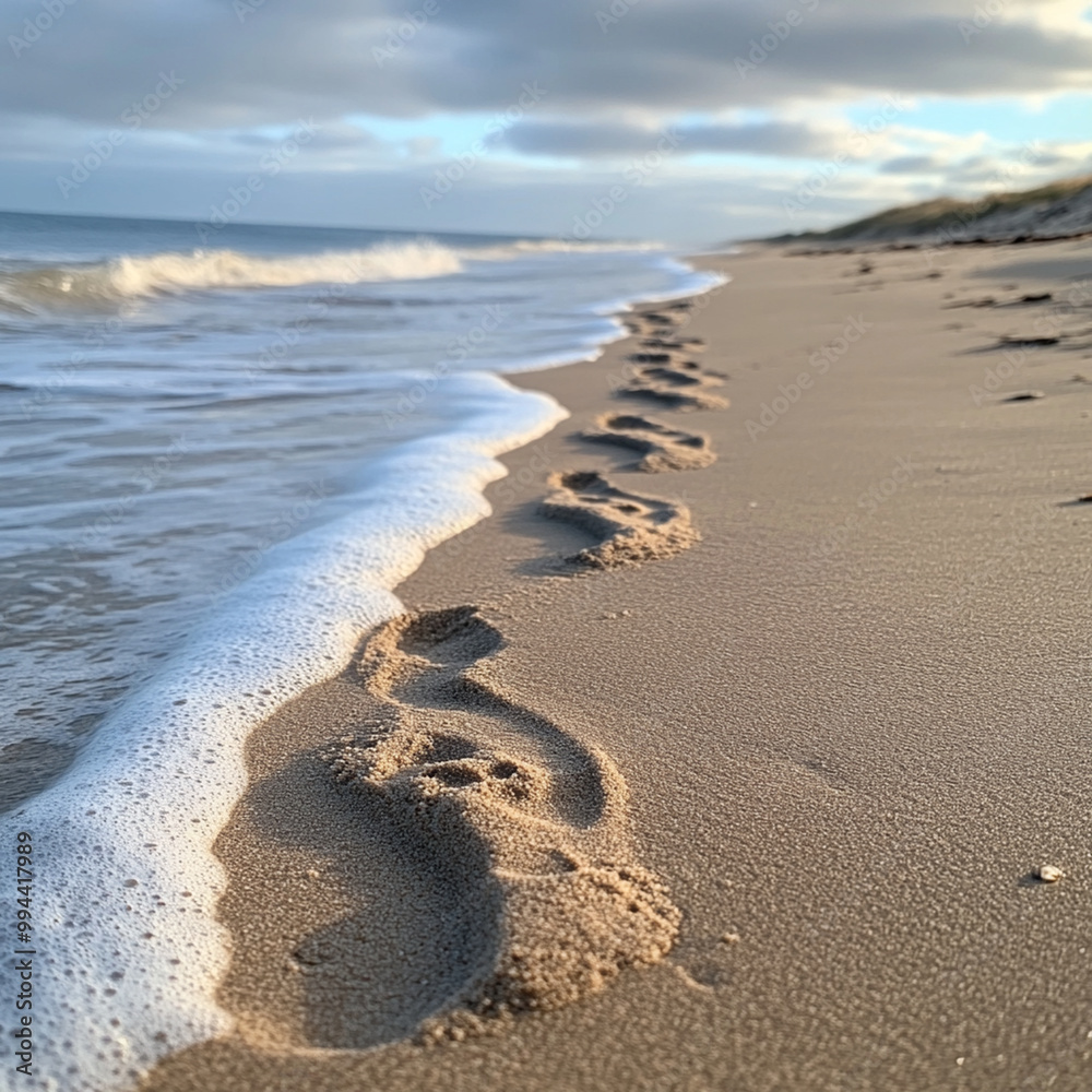 Fresh footprints in sand lead to ocean, creating serene and inviting scene. gentle waves lap at shore, enhancing tranquil atmosphere of this beautiful beach Fresh footprints in sand lead to ocean, creating serene and inviting scene. gentle waves lap at shore, enhancing tranquil atmosphere of this beautiful beach