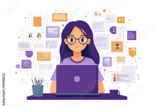 Cartoon girl working at her desk surrounded by digital communication and creativity icons