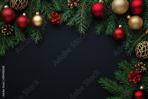 Holiday Pine Branches with Red and Gold Ornaments on Black Background 