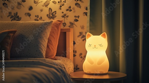 A charming night lamp with a feline silhouette illuminates the bedside, casting a gentle glow upon the slumbering bed. The cute cat-shaped lamp stands beside the bed