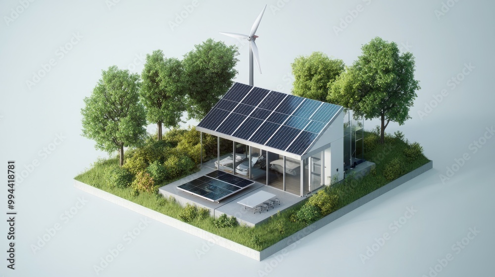 A miniature model of a modern home with solar panels, wind turbine, and lush greenery. A miniature model of a modern home with solar panels, wind turbine, and lush greenery.