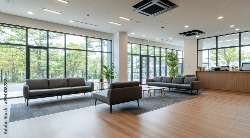 Modern waiting area with large windows and comfortable seating in a bright, airy space Modern waiting area with large windows and comfortable seating in a bright, airy space