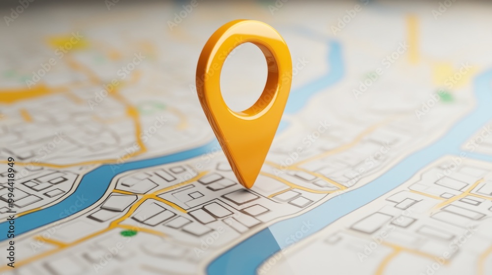 A vibrant orange location marker is prominently displayed on a detailed city map, highlighting various streets and a winding river under clear daylight conditions A vibrant orange location marker is prominently displayed on a detailed city map, highlighting various streets and a winding river under clear daylight conditions