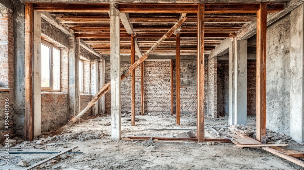 The interior of a building under renovation features exposed brick walls and wooden beams, creating a raw and industrial atmosphere while sunlight streams through the window openings