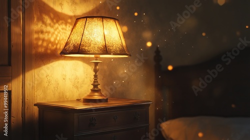 A delicate lamp rests gracefully upon an antique nightstand, its warm glow casting ethereal shadows across the room. As the final rays of sunset paint the horizon in hues of gold and crimson photo