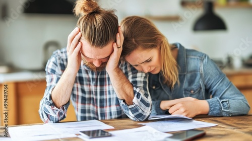 A couple sits at a wooden table in their kitchen, looking stressed as they review financial documents and bills. Their expressions reveal concern about their financial situation