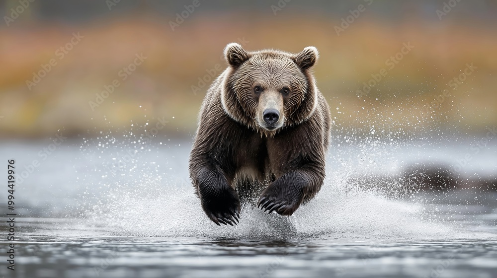 Obraz premium A large male grizzly bear fiercely charging through icy water in pursuit of a jumping salmon in the wilds of Alaska, USA.