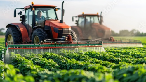 Two tractors are actively spraying water over vibrant green crops in a vast field under clear blue skies, highlighting agricultural activities in full swing photo