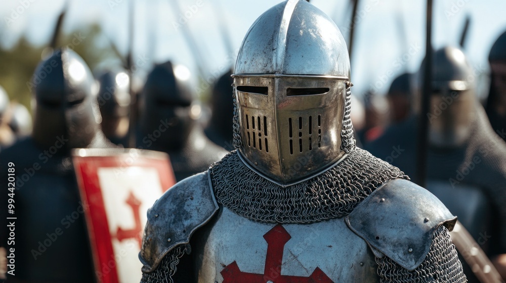 A group of knights clad in shiny armor stands ready for an engaging battle during a medieval reenactment, set against a clear blue sky and vibrant green scenery A group of knights clad in shiny armor stands ready for an engaging battle during a medieval reenactment, set against a clear blue sky and vibrant green scenery