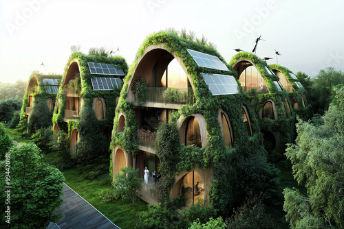 Futuristic Green Community with Solar-Powered Houses photo