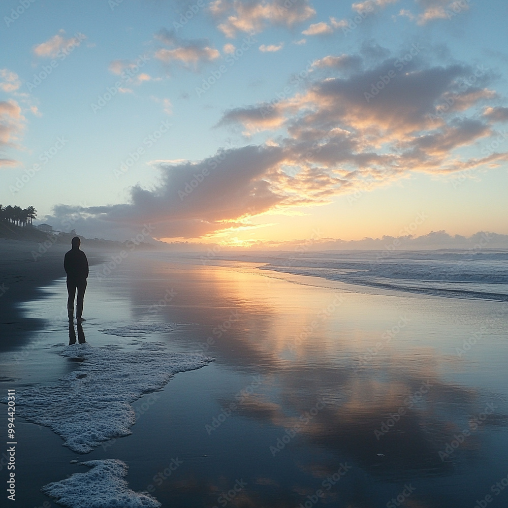 A person standing on beach at dawn, ready to begin new day, reflects on calm waters and beautiful sky. serene atmosphere evokes sense of peace and anticipation A person standing on beach at dawn, ready to begin new day, reflects on calm waters and beautiful sky. serene atmosphere evokes sense of peace and anticipation