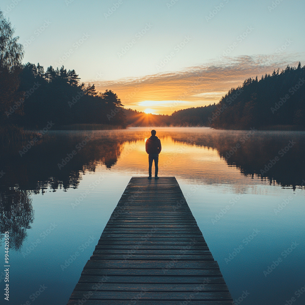 A person standing on dock looking out at calm lake during sunrise, surrounded by trees and mist. serene atmosphere evokes sense of peace and reflection A person standing on dock looking out at calm lake during sunrise, surrounded by trees and mist. serene atmosphere evokes sense of peace and reflection