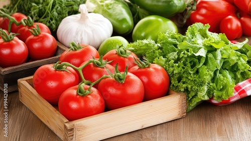 A vibrant collection of freshly picked tomatoes, leafy greens, and other colorful vegetables fills wooden crates, showcasing the bounty of a local farmers market on a bright day