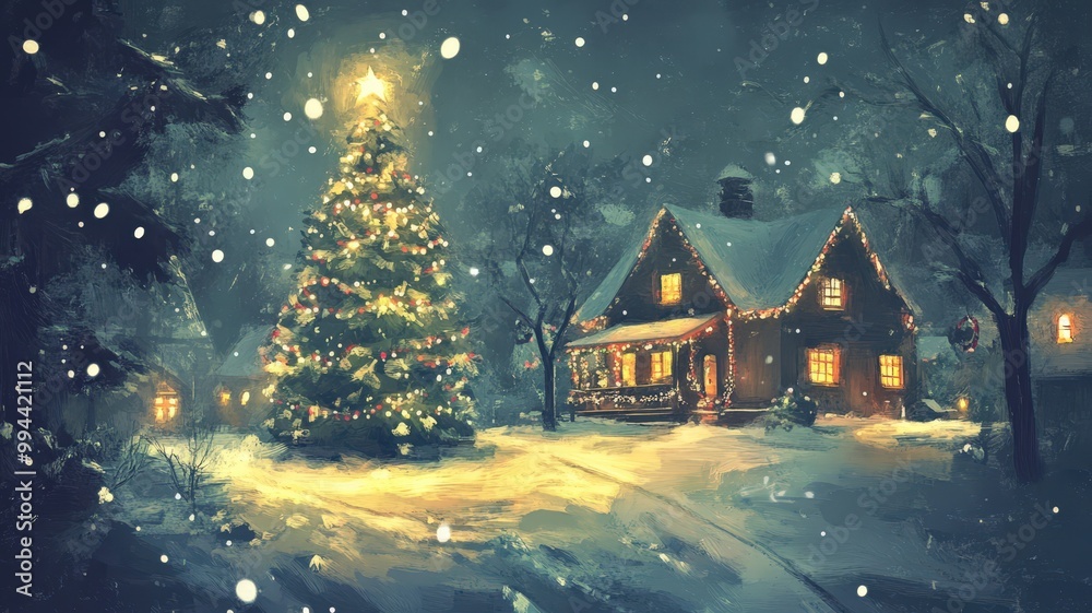 A cozy winter evening with a beautifully decorated Christmas tree outside a charming house under falling snowflakes A cozy winter evening with a beautifully decorated Christmas tree outside a charming house under falling snowflakes