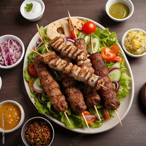 Delicious fresh Kebab assortment Served with some salad, grilled chicken skewers with a side of grilled vegetables, grilled kebab with couscous and vegetables