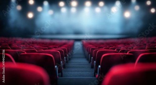 Empty red theater seats with stage lights in the background create an inviting atmosphere at night photo