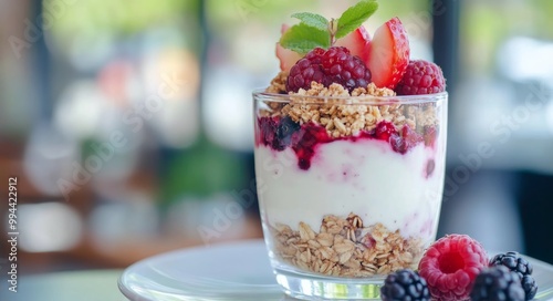 Delicious mixed berry yogurt parfait topped with granola and fresh mint on a dark surface