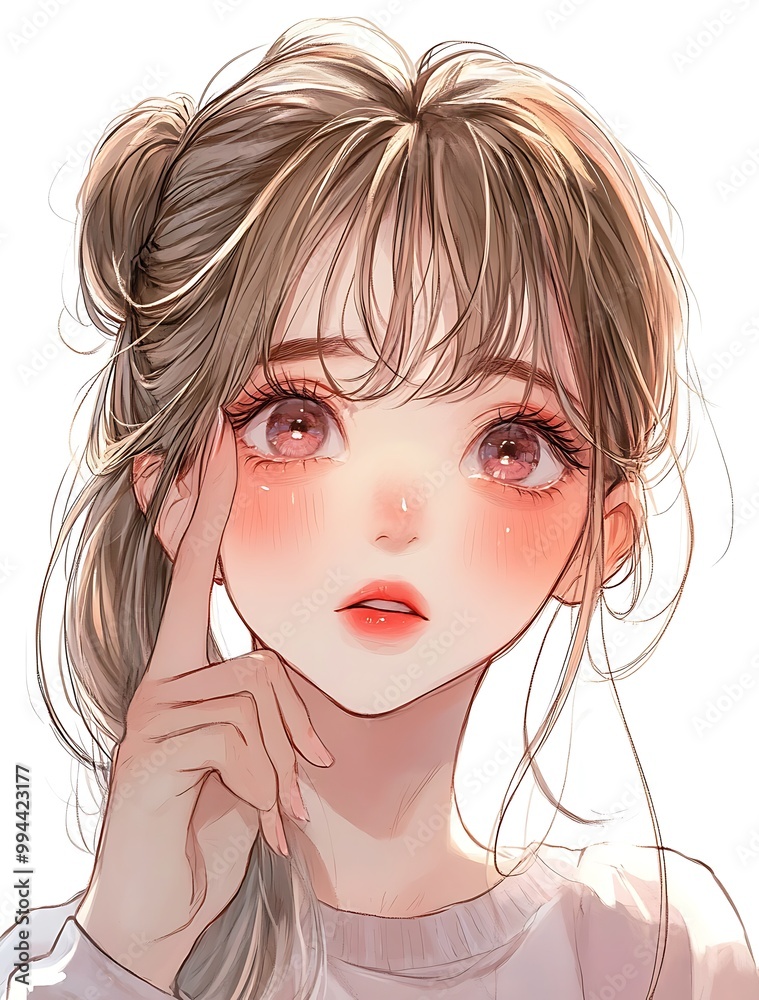 Anime girl with brown hair and blushing cheeks. Cute and adorable illustration Anime girl with brown hair and blushing cheeks. Cute and adorable illustration
