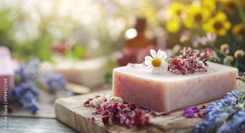 Artisan soap with dried flowers on a wooden board surrounded by natural ingredients and decor