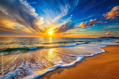 Serene Beach View with Gentle Waves and Golden Sand Under a Clear Blue Sky at Sunset